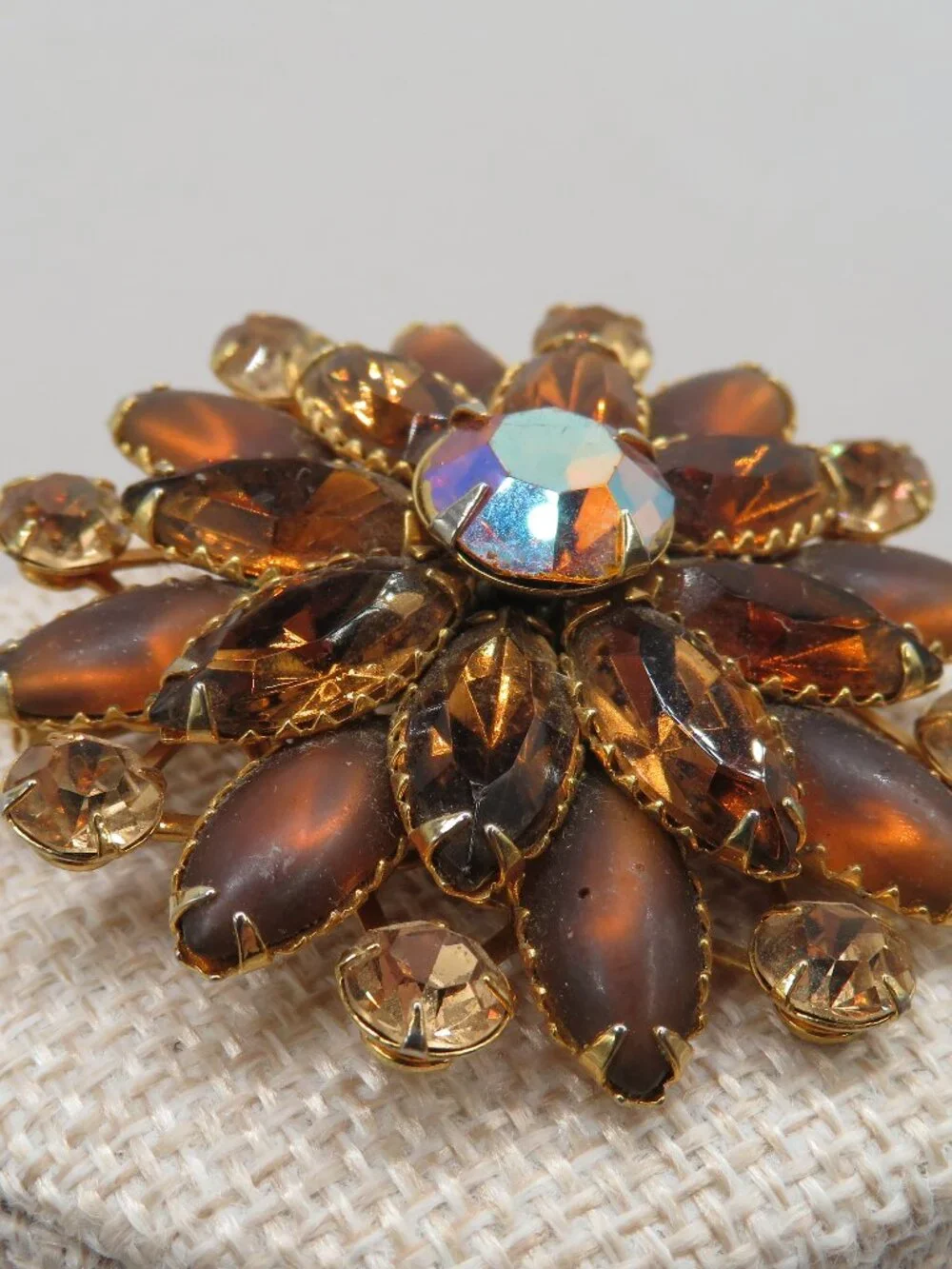 Vintage Judy Lee Amber Brown Rhinestone Floral Brooch